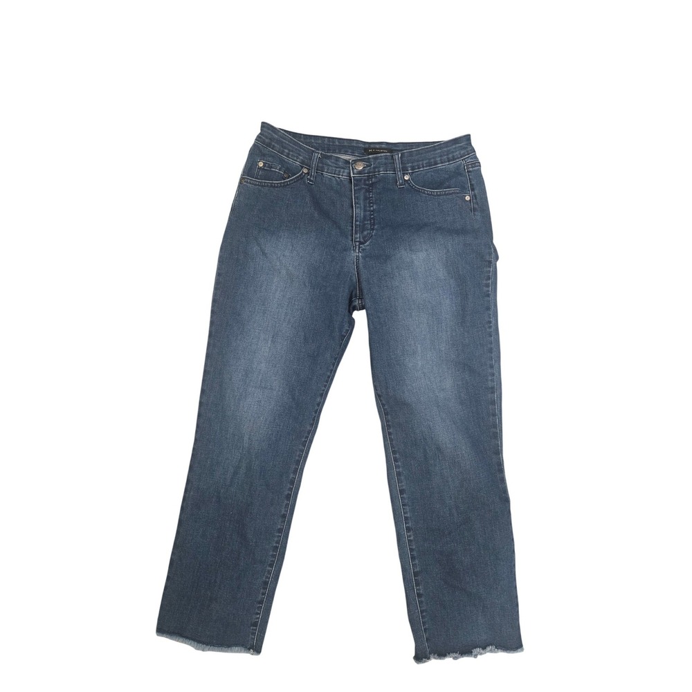 H by Halston Womens Blue Straight Leg Jeans Petite 14P Split Hem Raw Edge Denim